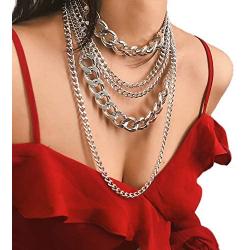 Punk Exaggerated Chunky Collar Necklace Multi Layered Thick Cuban Link Long Chain Choker Necklace for Women Party Body Jewelry(Silver)