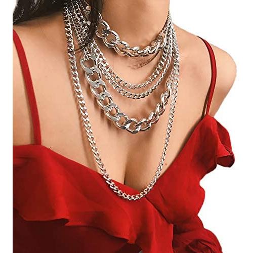 Punk Exaggerated Chunky Collar Necklace Multi Layered Thick Cuban Link Long Chain Choker Necklace for Women Party Body Jewelry(Silver)