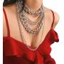 Punk Exaggerated Chunky Collar Necklace Multi Layered Thick Cuban Link Long Chain Choker Necklace for Women Party Body Jewelry(Silver)