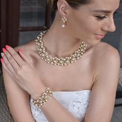 EVER FAITH Austrian Crystal Bridal Ivory Color Simulated Pearl Leaf Luxury Necklace Earrings Bracelet Set