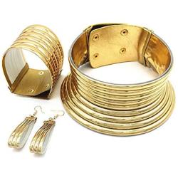 3 Pcs African National Choker Leather Chunky Necklace and Bracelet Set Flamboyant Adjustable Large Punk Gothic Collar Jewelry for Women Girls