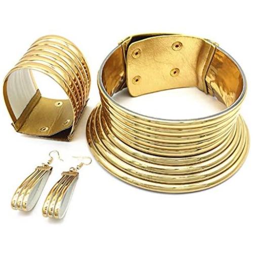 3 Pcs African National Choker Leather Chunky Necklace and Bracelet Set Flamboyant Adjustable Large Punk Gothic Collar Jewelry for Women Girls