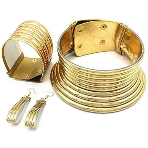 3 Pcs African National Choker Leather Chunky Necklace and Bracelet Set Flamboyant Adjustable Large Punk Gothic Collar Jewelry for Women Girls