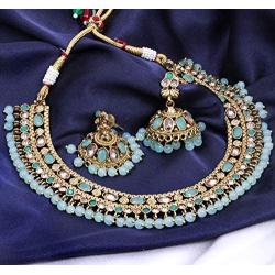 SANARA Traditional Indian Bollywood Gold Plated Stone Made Pearl Choker Necklace Earring Set Women Wedding Wear Jewelry