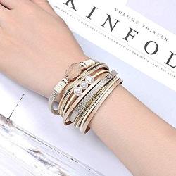 COLORFUL BLING Women Multilayer Leather Wrap Bracelet Handmade Wristband Beads Cuff Bangle with Magnetic Buckle Jewelry for Ladies-Beige