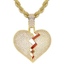 TSANLY Broken Heart Pendant Necklace Hip Hop CZ Fully Iced Out Bling CZ Diamond 24K White Gold Plated with 24'' Stainless Rope Chain