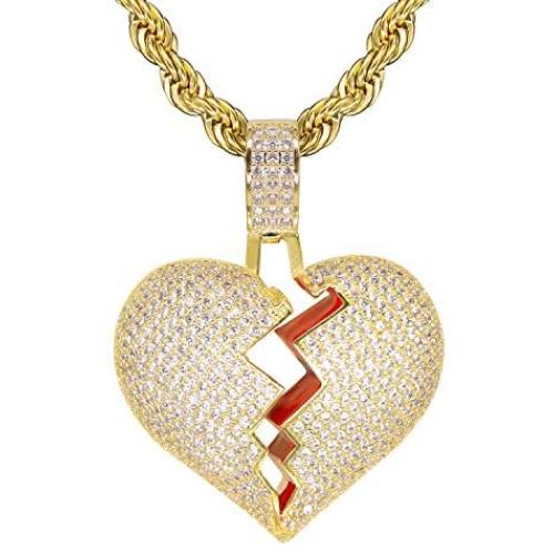 TSANLY Broken Heart Pendant Necklace Hip Hop CZ Fully Iced Out Bling CZ Diamond 24K White Gold Plated with 24'' Stainless Rope Chain