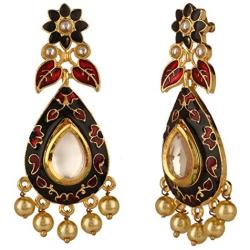 Efulgenz Indian Bollywood 14K Gold Plated Crystal Kundan Pearl Leaf Floral Chandelier Dangle Earrings Jewelry Set