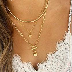 Blufly Layered Boho Lock Star Pendant Necklaces Gold Bar Circle Round Chunk Necklace Chain Toggle Beaded Choker Necklaces Sweater Necklaces Jewelry for Women and Girls