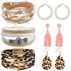 Hicarer Women Multilayer Leather Wrap Bracelets Tassel Pearl Leopard Earrings Jewelry Set