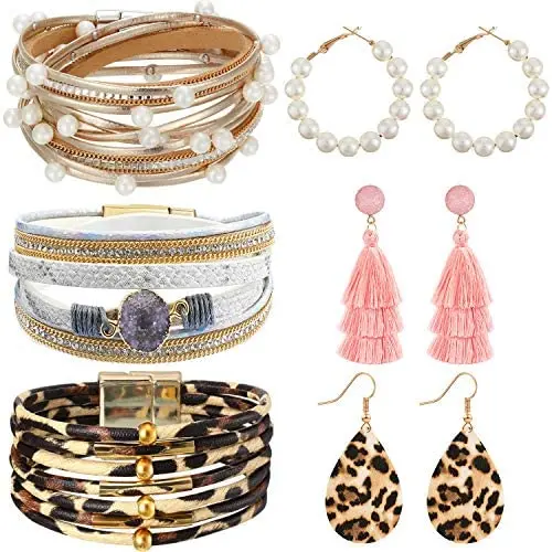 Hicarer Women Multilayer Leather Wrap Bracelets Tassel Pearl Leopard Earrings Jewelry Set