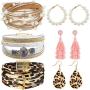 Hicarer Women Multilayer Leather Wrap Bracelets Tassel Pearl Leopard Earrings Jewelry Set