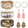 Hicarer Women Multilayer Leather Wrap Bracelets Tassel Pearl Leopard Earrings Jewelry Set