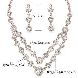 LOYALLOOK Rose Gold Silver Tone Bridal Crystal Bridal Jewelry Set for Women 2-Row Rhinestone Necklace Earrings Bracelet Set Prom Wedding Fashion Jewelry