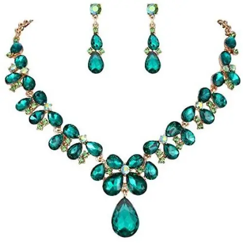 BriLove Womens Wedding Bridal Crystal Teardrop Cluster Statement Necklace Dangle Earrings Set