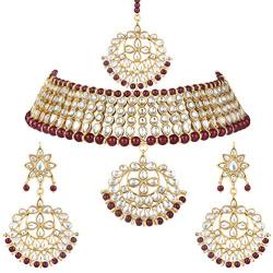Aheli Faux Kundan Pearl Necklace with Earring Maang Tikka Indian Traditional Bollywood Fashion Jewelry Set for Women