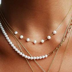 Lem Trend Double Layered Chunky Gold Statement Chain Link Choker Necklaces, Dainty Cultured Barque Pearl Stitching Necklaces Jewelry Valentines Day Birthday Gifts for Woman Girls
