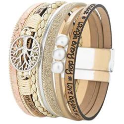 YOOCOOL Tree of Life Leather Multi-Layer Wraps Bracelet,Boho Wide Buckle Wristband Bangle,Braided Cuff Bracelets for Women