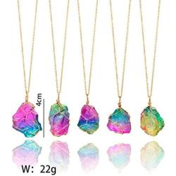 Challyhope Natural Rainbow Stone Healing Crystal Rock Quartz Pendant Necklace Birthstone Gold Plated Full Wire Wrap Gemstone Necklace Jewelry