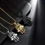 Hamsa Hand Necklace Mens 316L Stainless Steel Hand of Fatima Pendant 18k Gold/Black Gun Plated Path of Symbols Lucky Amulet Jewelry