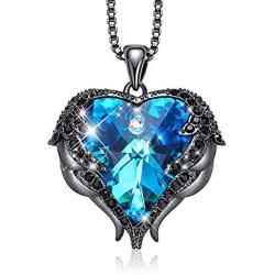 NEWNOVE Black Gold Tone Blue Crystal Angel Wings Love Heart Pendant Necklaces for Women, Mothers Day Valentines Day Birthday Gifts for Women Jewelry Gift for Mom Wife Sister