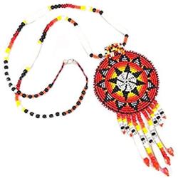 La vivia Handmade RED Seed Beads Long Medallion Star FIRE Beaded Necklace Earrings Set S-51-SB-10