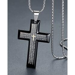 Aoiy Mens Stainless Steel Large Our Father Lords Prayer Cross Pendant Necklace, 23'' Chain