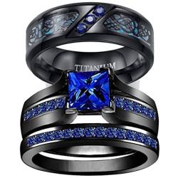 wedding ring set Two Rings His Hers Couples Rings Womens Black Gold Plated Blue Sapphire CZ Wedding Engagement Ring Bridal Sets & Mens Titanium Wedding Band