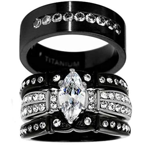 wedding ring set His Hers Couples Matching Rings Womens 10k Black Gold Filled White CZ Wedding Engagement Ring Bridal Sets & Mens Titanium Wedding Band
