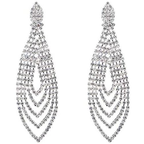 CHRAN Silver Plated Crystal Rhinestone Wedding Long Chandelier Dangle Earrings for Women