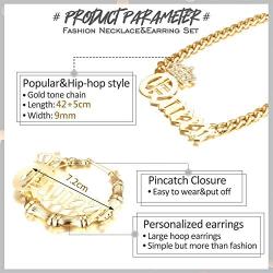 sailimue Queen Pendant Curb Chain Necklace with Oversize Statement Bamboo Hoop Earring Set for Women Gold Plated Color Punk Style Hip Hop Rapper