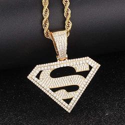 GOLD IDEA JEWELRY Iced Out Superman pendant 14K Gold Plated/ White gold plated hip hop Cubic Zirconia Pendant with 28'' Stainless Steel Franco Chain Necklaces for men