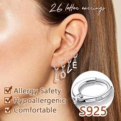 Silvora Sterling Silver Initial Drop Earrings, Women S925 Letter Ear Hoop Jewelry, A-Z Letter Jewelry Dangling Birthday Charms for Girls