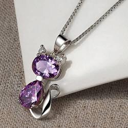 DreamsEden 18 Silver Box Chain Womens Amethyst Cat Pendant Necklace, Purple (Gift Box & Greeting Card)