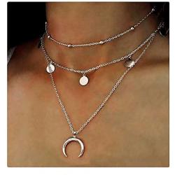 Wowanoo Layered Chain Choker Necklace Moon Rhinestone Pendant Chain Jewelry for Girls Women
