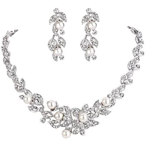 BriLove Womens Wedding Bridal Crystal Cream Simulated Pearl Cluster Leaf Vine Hibiscus Flower Collar Necklace Dangle Earrings Set