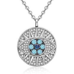 Talonior Evil Eye Necklace 925 Sterling Sliver Necklaces for Women Girls Cubic Zirconia Circle Turkish Devil Disc Pendant Protective Amulet Dainty Jewellery