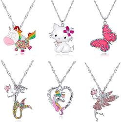 5/6 Pcs Cute Necklaces for Girls Kids Birthday Gift Pack-Cat Pendant Necklace for Teen Girls-Fairy Necklace for Little Girls-Mermaid Necklace for Girls-Tooth Fairy Gifts for Teens