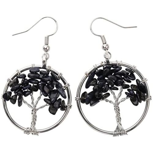 YACQ Natural Gemstone Tree Dangle Drop Earrings Handcrafted Jewelry for Women