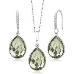 Gem Stone King 925 Sterling Silver Green Prasiolite Pendant Earrings Set 19.50 Cttw Pear Shape 16X12MM with 18 Inch Silver Chain