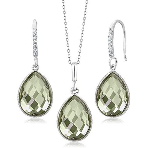 Gem Stone King 925 Sterling Silver Green Prasiolite Pendant Earrings Set 19.50 Cttw Pear Shape 16X12MM with 18 Inch Silver Chain