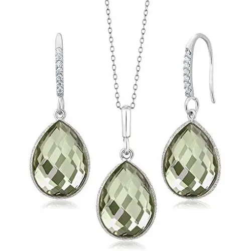 Gem Stone King 925 Sterling Silver Green Prasiolite Pendant Earrings Set 19.50 Cttw Pear Shape 16X12MM with 18 Inch Silver Chain