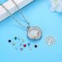 Family Tree of Life Floating Living Memory Locket Pendant Necklace with Birthstone, All Charms Included