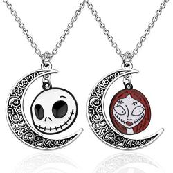 BEKECH Jack and Sally Nightmare Before Christmas Movie Lovers Gift Jack and Sally Crescent Moon Pendant Necklace Set for Couple Remembrance Love Gift&