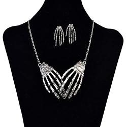 FXmimior Silver Skeleton Hand Shapped Halloween Gothic Necklet Rock Punk Accessories Women Girl (necklace& earrings)