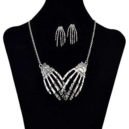 FXmimior Silver Skeleton Hand Shapped Halloween Gothic Necklet Rock Punk Accessories Women Girl (necklace& earrings)