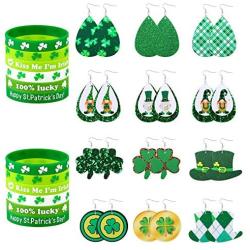 TOBENY 12 Pairs St Patricks Faux Leather Earrings 12 Pcs St Patricks Green Silicone Bracelets Set Shamrock Clover Leather Earrings Lightweight Saint Patricks Day Green Earrings Teardrop Dangle Set