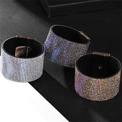 The Woos Leather Wrap Bracelet with Full Rhinestones Cross Buckle Bracelet for Women Girl Handmade Sparkling Crystal Charms Bracelets Wristband Velvet Leather Wide Bracelet Bangle Jewelry