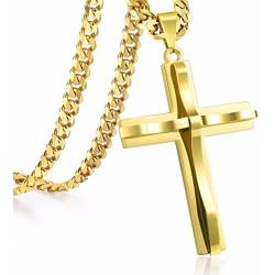 Hermah Mens Women Jewelry Gold Black Silver Cross Pendant Necklace Stainless Steel Curb Cuban Link Chain 18-24inch