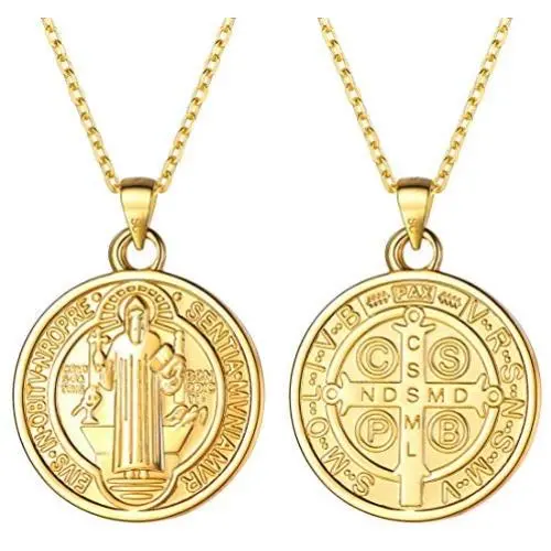 Saint Benedict Medal Necklace 18K Gold or 316L Stainless Steel Christian Sacramental Medal Ward off Evil Protection Jewelry Catholic Gift for Men Women, Customizable